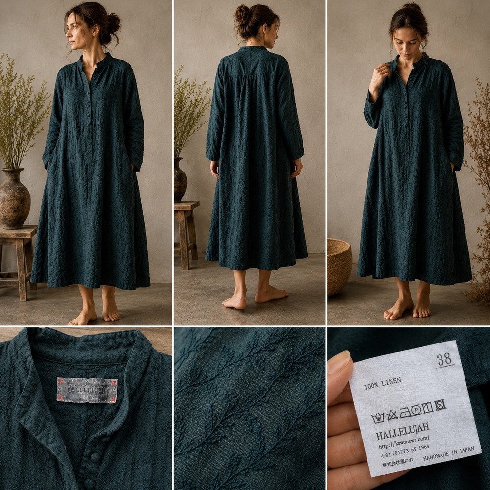 Hallelujah Linen Embroidered Midi Dress Womens 38 M Teal Mori Kei Handmade Japan